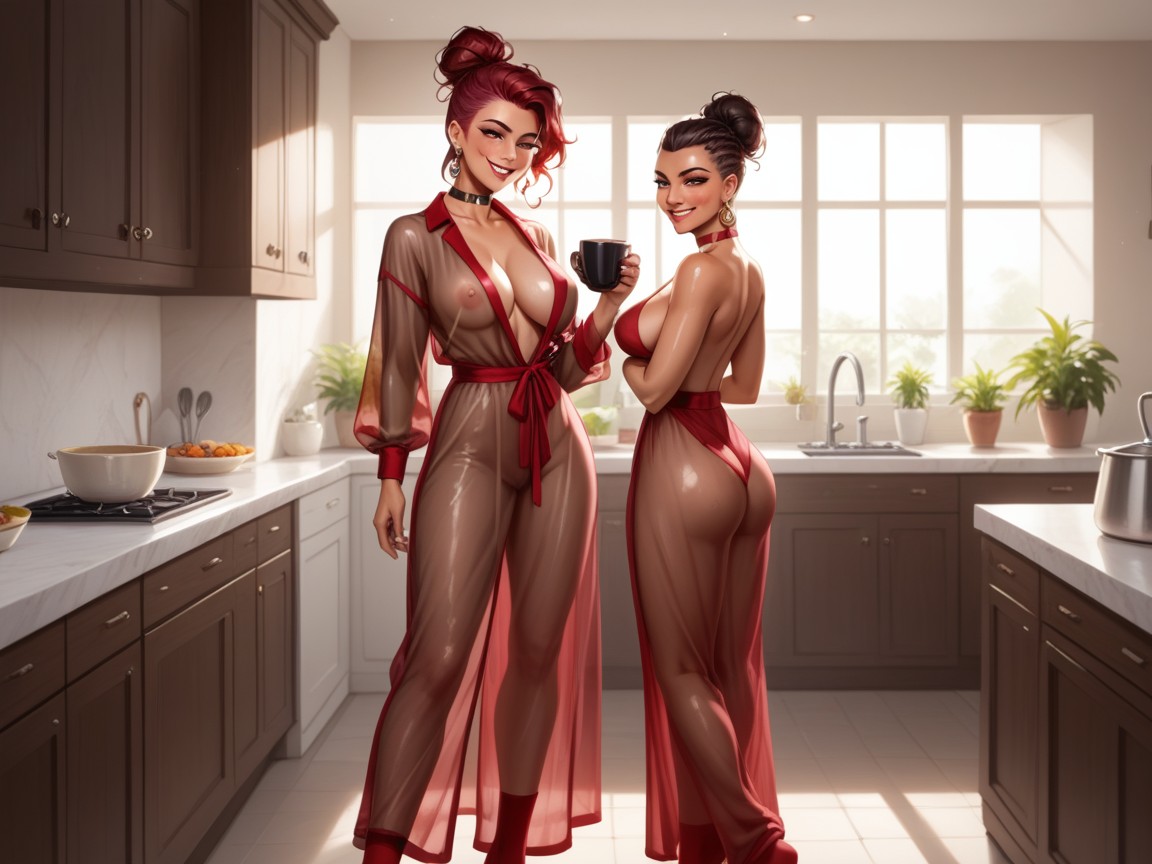 Red See Through Transparent Pajama Top, Ass, Ultra Detailed Hentai AI Porn