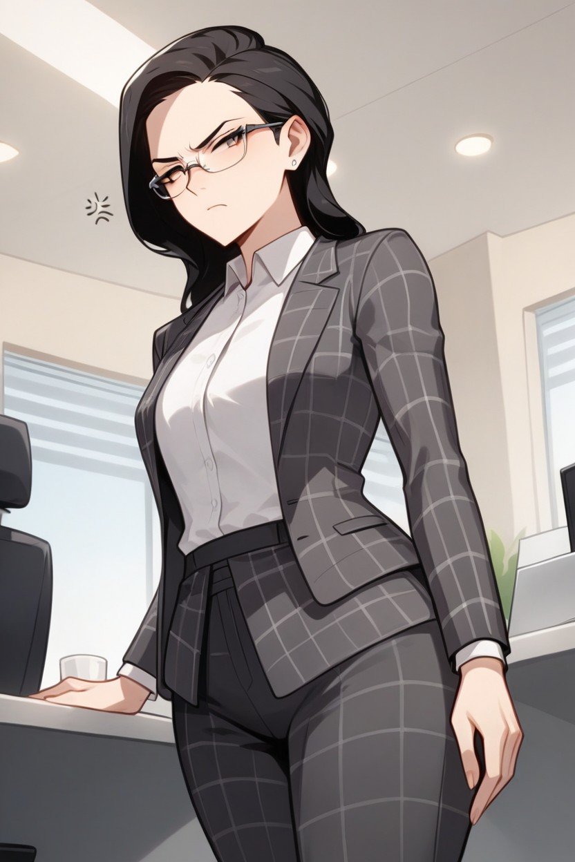 Office Gray Plaid Blazer, Flat Chest, Gorgeous Shemale AI Porn