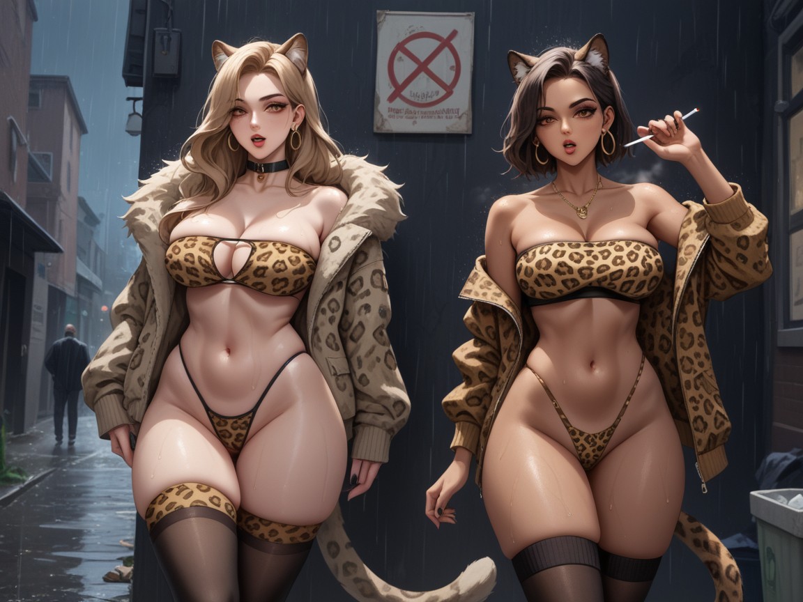 Extremely Large Ass, Leopard Print Cat Ears, Leopard Print Fur Jacket Hentai AI Porn