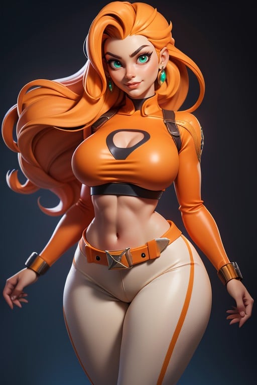 Confident Looking, Orange Colored Pants, Long HairPorno AI