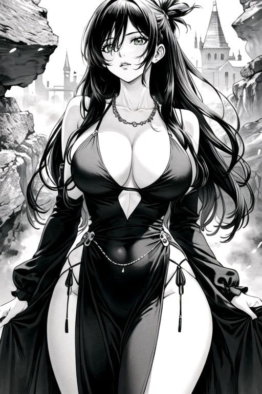 Transparent Dress Kirisame Maintains His Modesty Through Bulbous Ornaments Covering His Chest Area And A Dark Design Covering The Front Of His Lower Half She Also Wears A Necklace That Covers Most Of Her Neck Made Of Stone, Kirisame From Dr Stone, Manga (noir Et Blanc)Porno IA