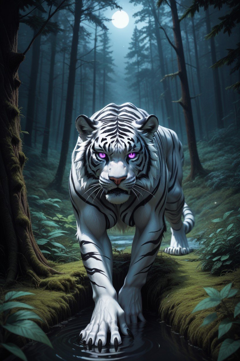 Noche, Bosque, Giant Black Tiger With Silver Stripes Glowing Purple Eyes Looking At Viewer Dark Forest Moonlit NightPorno AI