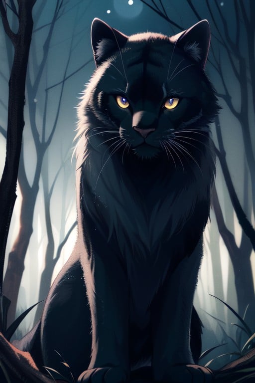 Giant Black Panther Male Animal Lean Muscular Black Fur With Silver Stripes Glowing Purple Eyes Looking At Viewer Dark Forest Moonlit NighAI黄片