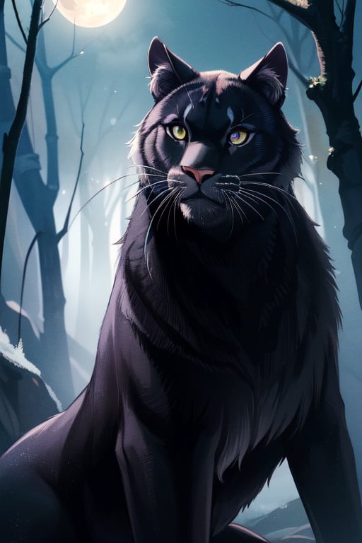 Giant Black Panther Male Animal Lean Muscular Black Fur With Silver Stripes Glowing Purple Eyes Looking At Viewer Dark Forest Moonlit Night Pornografia de IA