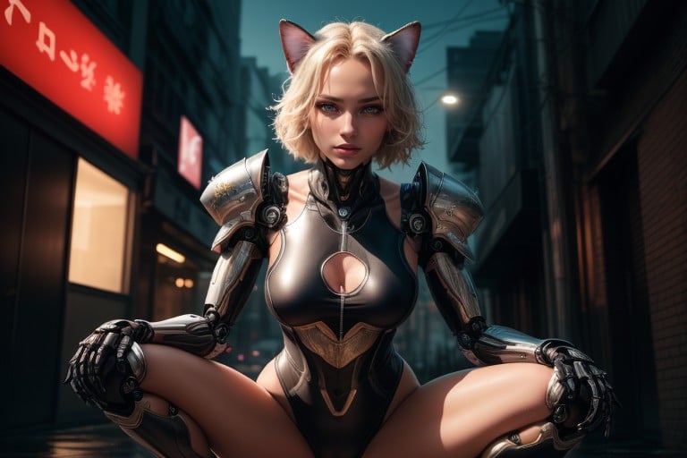 Robot Armor, Cyberpunk City, Squatting AI Porn