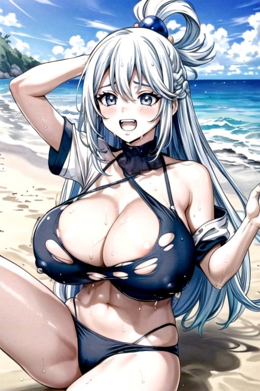 Arms Up, At Beach, Blue Hair AI Porn