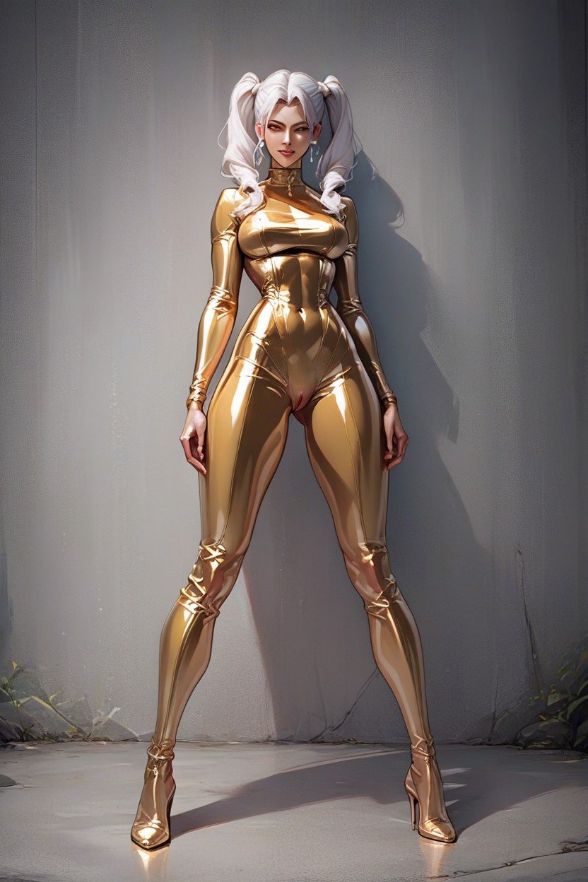 Shiny Gold Latex Bodysuit, White Hair, Thigh Gap헨타이 AI 포르노