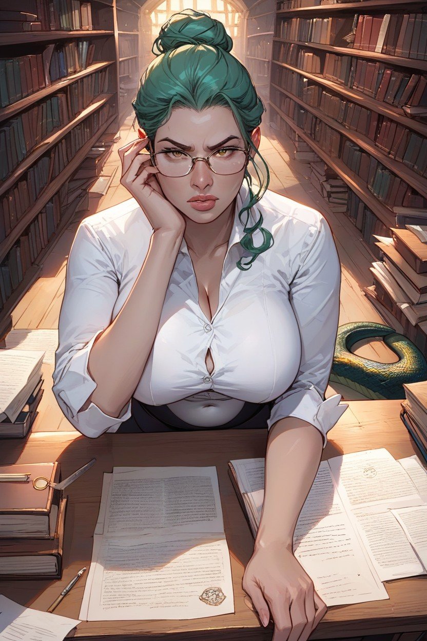 Face Closeup, Bookshelves, Seated At Desk Hentai AI Porn