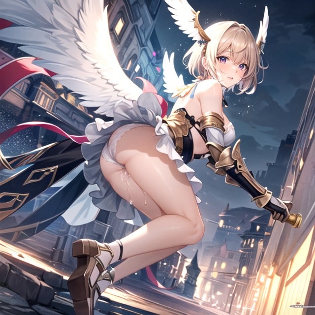 A Beautiful Male Valkyrie Wearing A White Bralette And A White Skirt Running With Exposing His White Panties, Dripping Sexual Fluids, フルボディAIポルノ