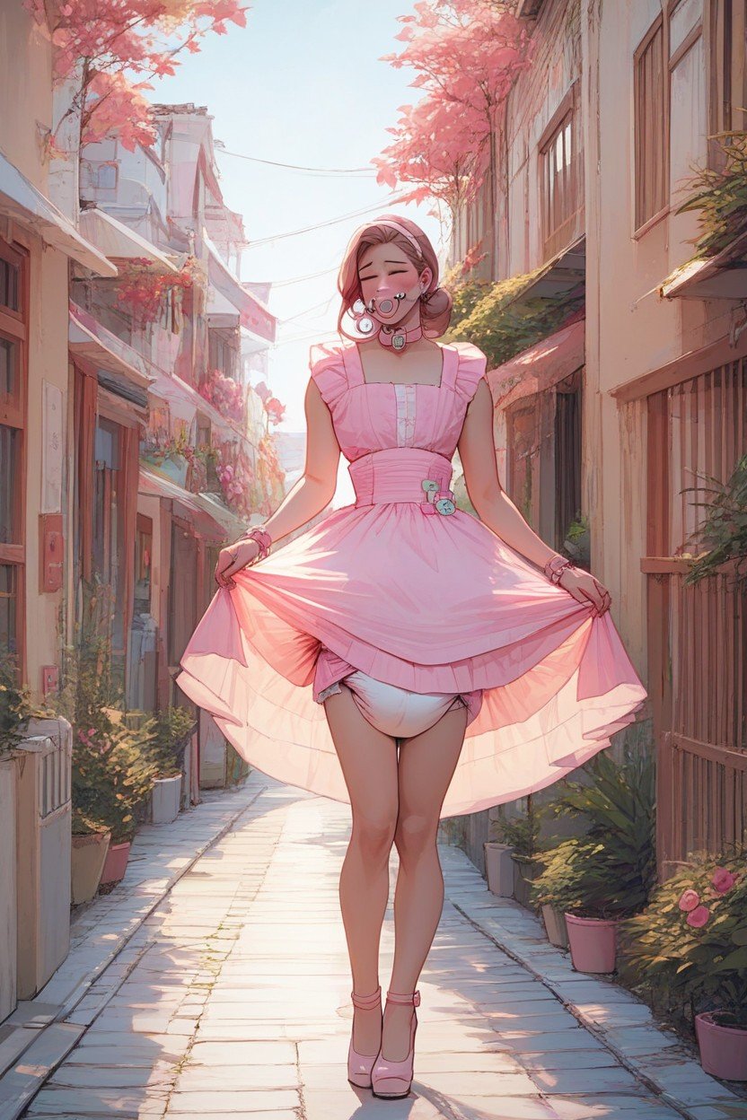 Pacifier, Pink Diaper, Satin Dress Showing Diaper퍼리 AI 포르노