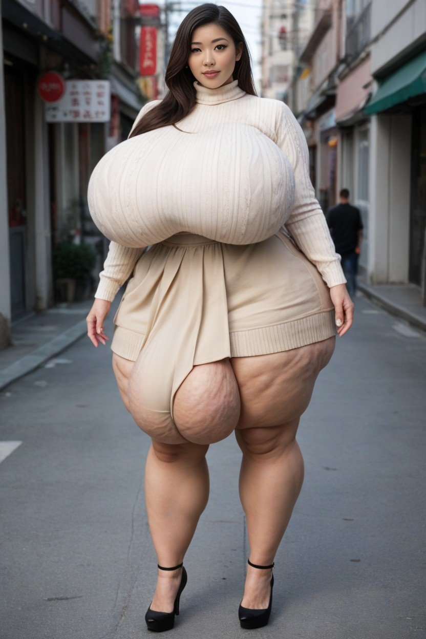 Looking At Viewer, Beige Skirt, Extreme Huge Massive Hyper BreastsAIポルノ