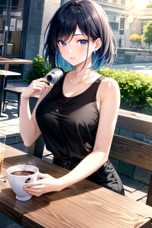 Café, Mirando Al Espectador, Camiseta De TirantesPorno AI Hentai