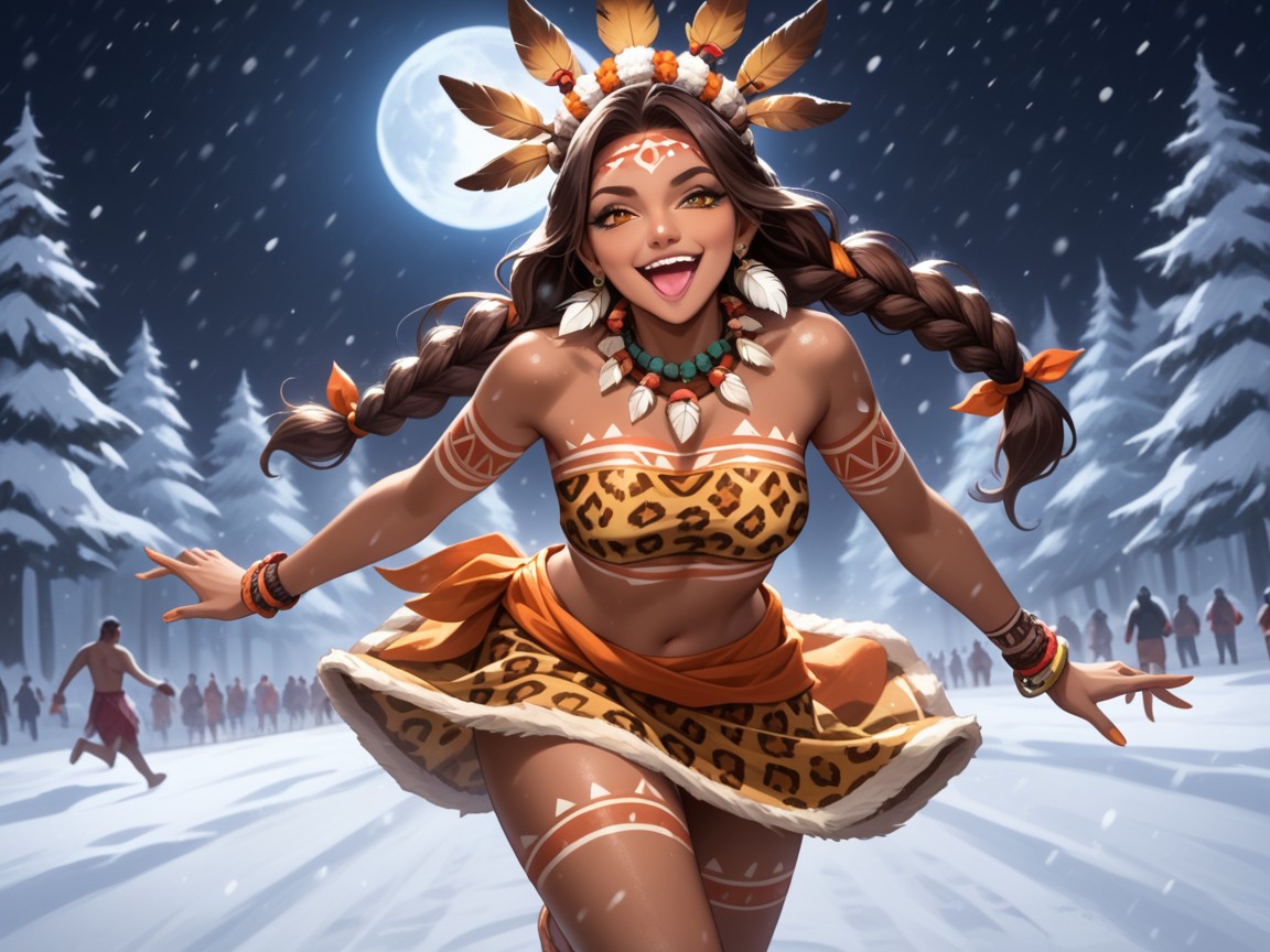 Wearing Orange Leopard Print Tribal Clothes, Dark Skin Brown, 18 Hentai AI Porn