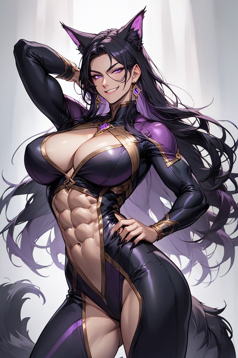 Black Body Suit With Purple And Gold Trim, Abs, Fluffy Black EarsPorno IA Hentai