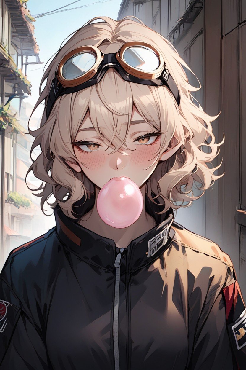 Wavy Hair, Black Rider Jacket, Beige EyesPorno IA Hentai