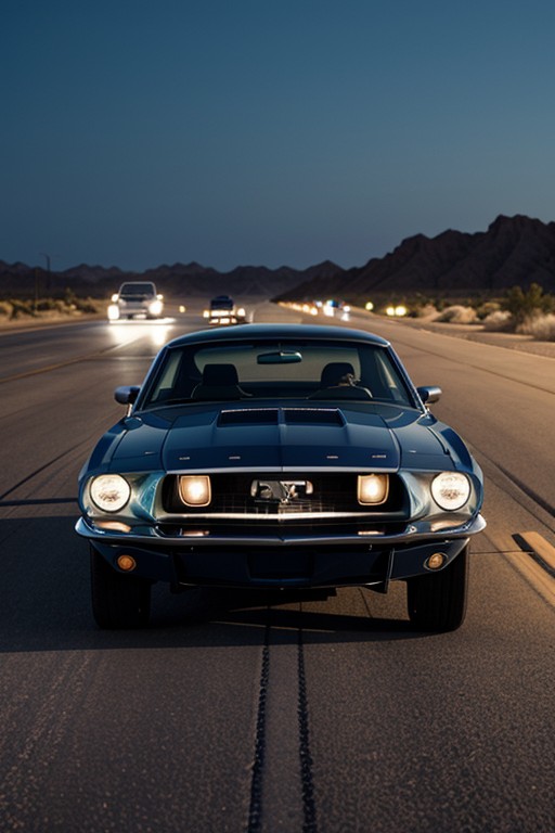 Its Polished Pearl Blue Body Reflecting Moonlight, It's Headlights Shining The Darkened Street, Ultra-realistic Depiction Of A Mustang Shelby Gt Cruising Through A Moonlit Desert HighwayAI兽人黄片