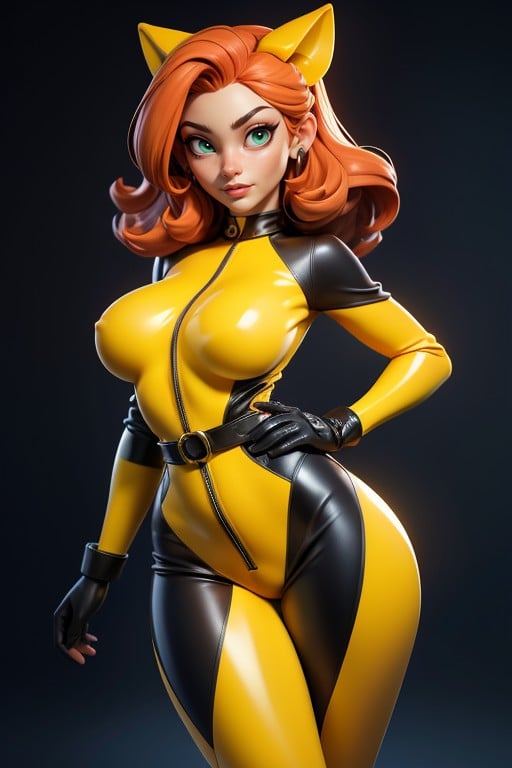 Sexy Face, Yellow Suit, Yellow Latex Uniform AI Porn