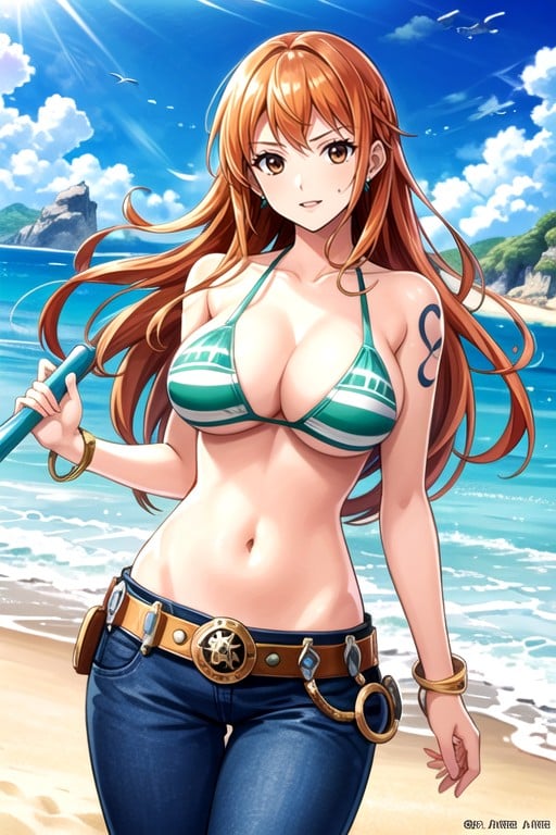 Busty Anime Woman In See-through Outfit Without Bra Wet On Beach, 娜美 (海賊王)AI黃漫