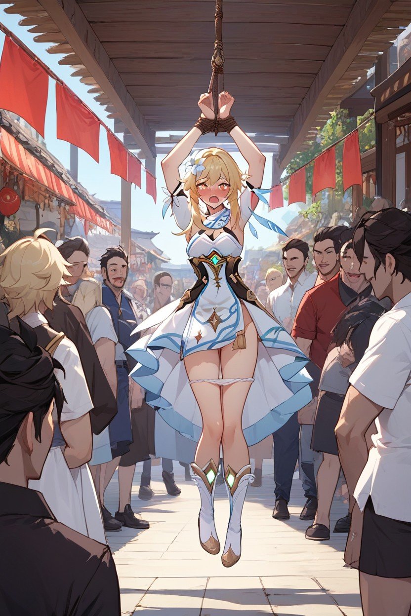 People Taking Pictures, Public Market Place, Arms Tied Above Head Hentai AI Porn