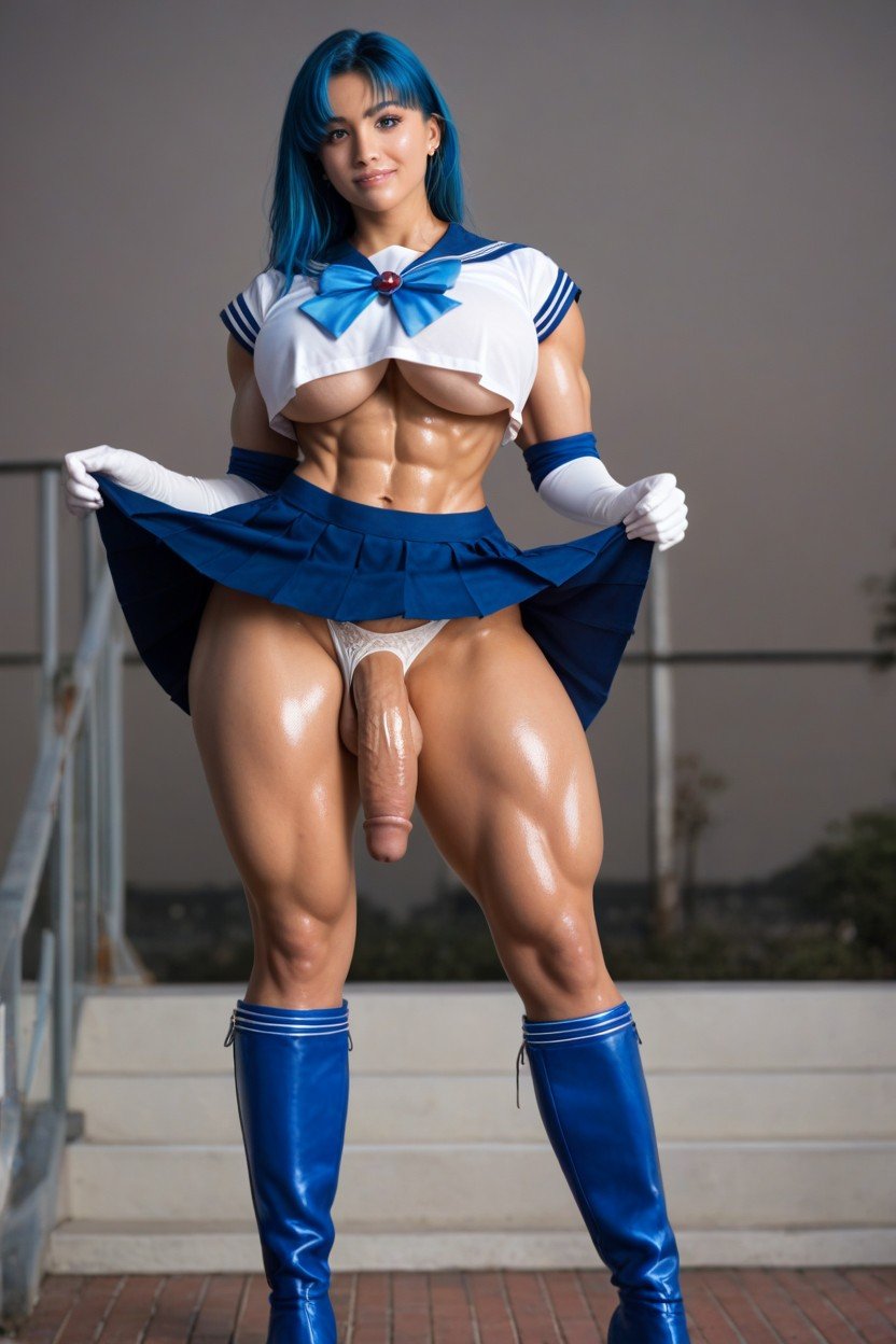 Blue Elbow Pads, Sailor Mercury, Waist Shot Shemale AI Porn