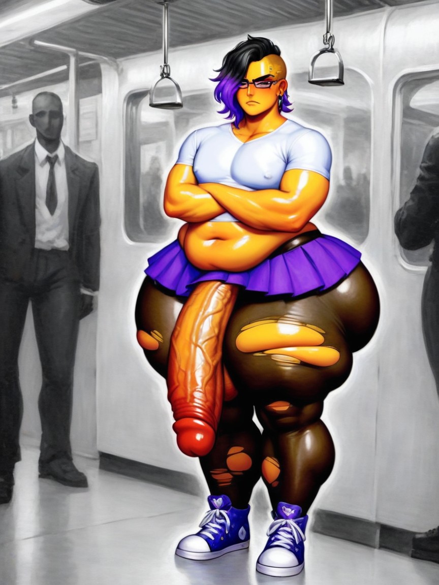 Black And Purple Hair, Hyper Penis Length, Bulge AI Gay Porn