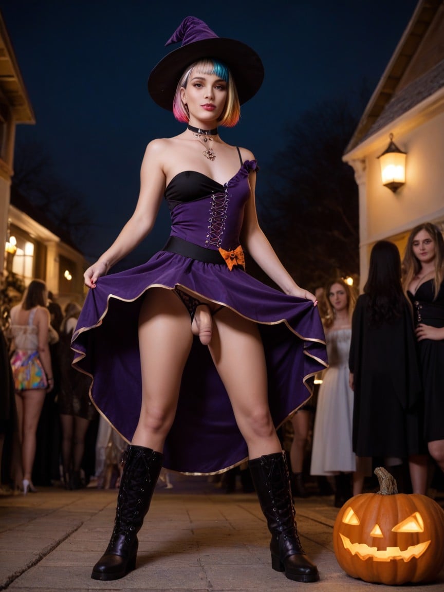 De Baixo Para Cima (saia Superior), Pumpkins, Black With Purple Witch Dress Travesti IA Pornô