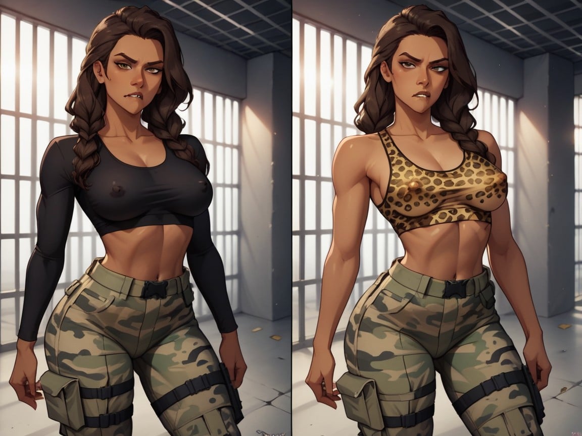 Pigtails, Breasts Apart, Dark Skin Brown AI Porn