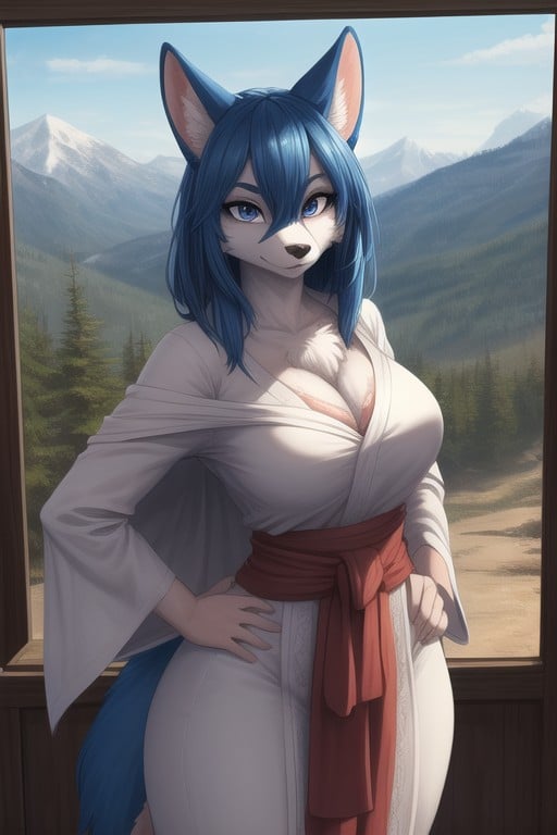 Montagnes, 1 Personne, Cheveux BleusPorno IA Furry