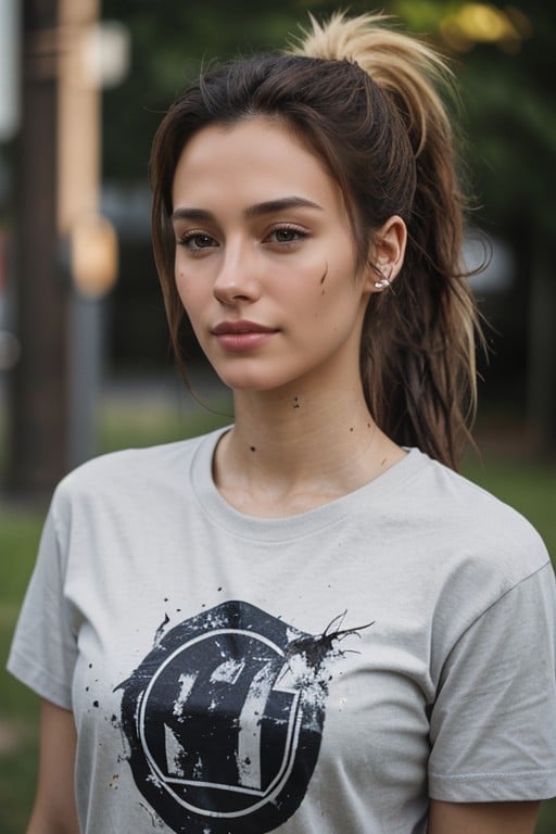 Graphic Tee, Messy Hair, Ponytail Asian AI Porn