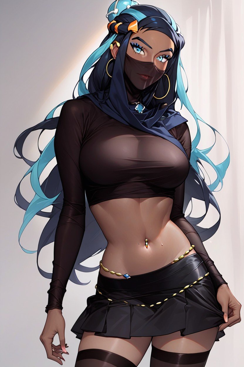 Nessa From Pokemon, Midriff Exposed, Wearing Hijab헨타이 AI 포르노