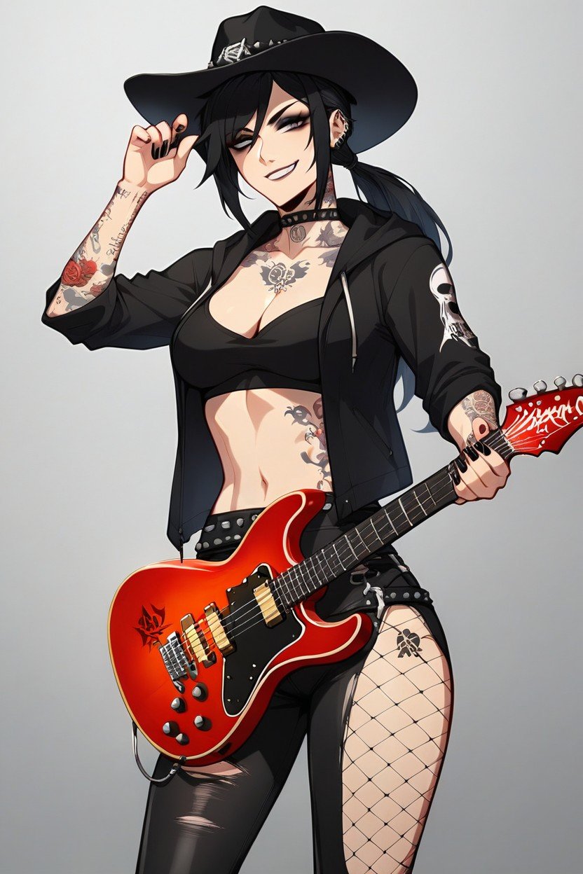 Cheveux Noirs, Fender Guitar, TatouagePorno IA transsexuelle