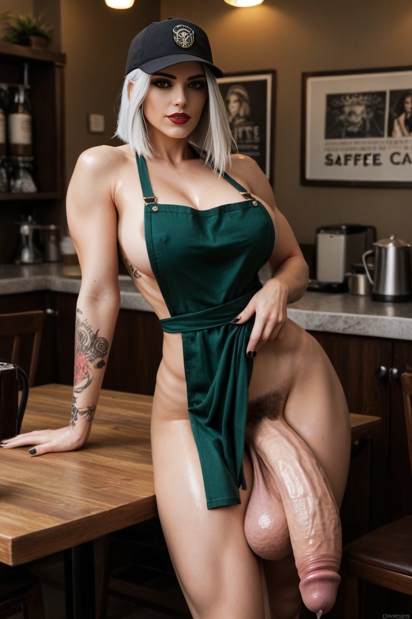 Starbucks, Penis Laying Across Table, Extremely Realistic Long Penis Travesti IA Pornô