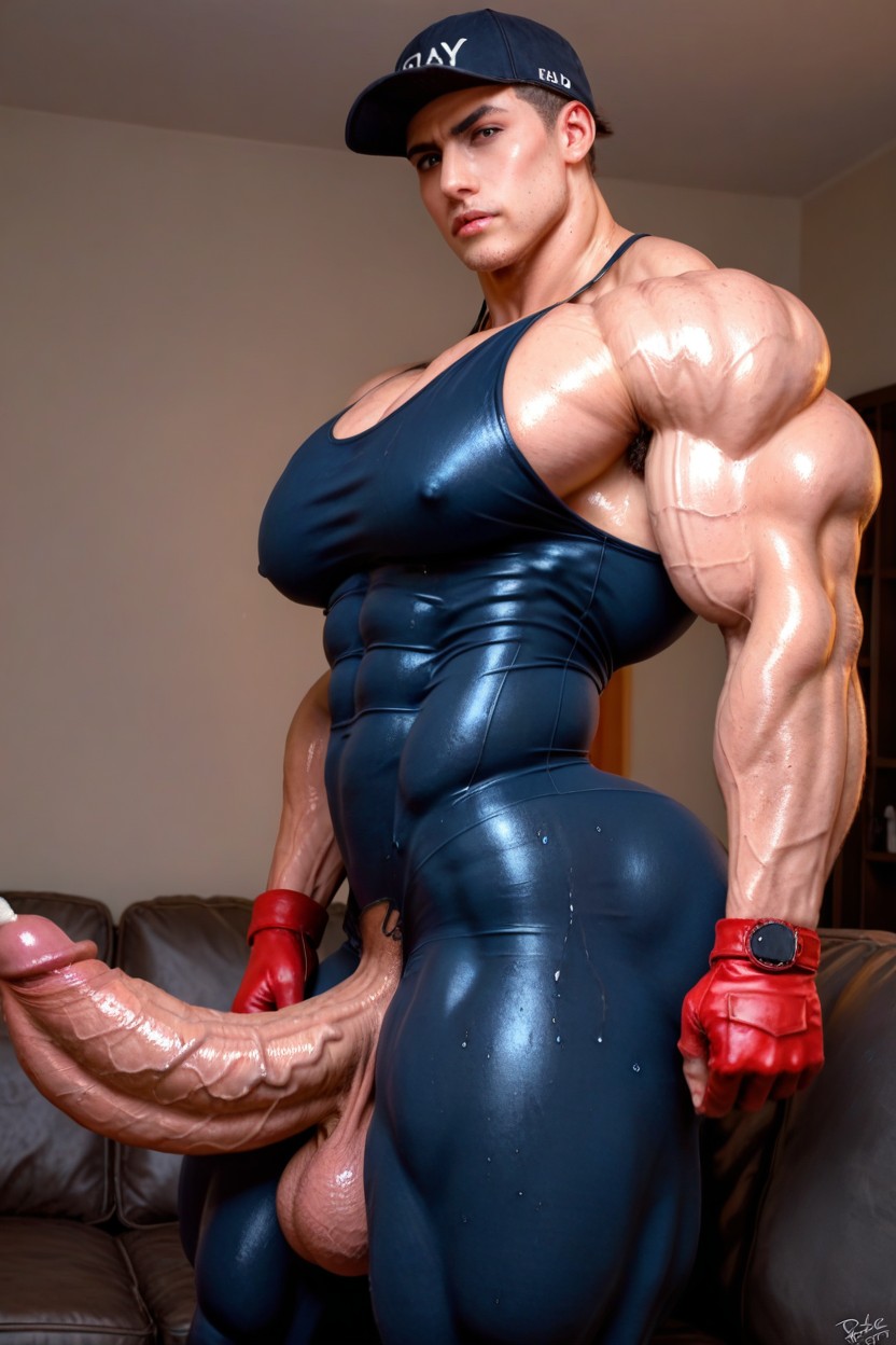 Long Red Leather Gloves, Muscular, Leggings AI Gay Porn