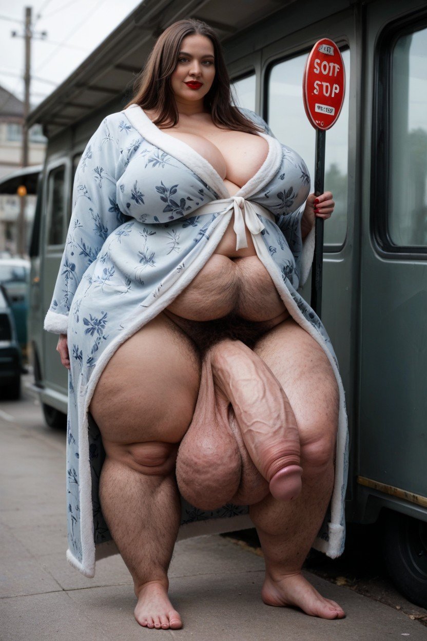 Standing At Bus Stop, Pele Pálida, Ssbbw Travesti IA Pornô