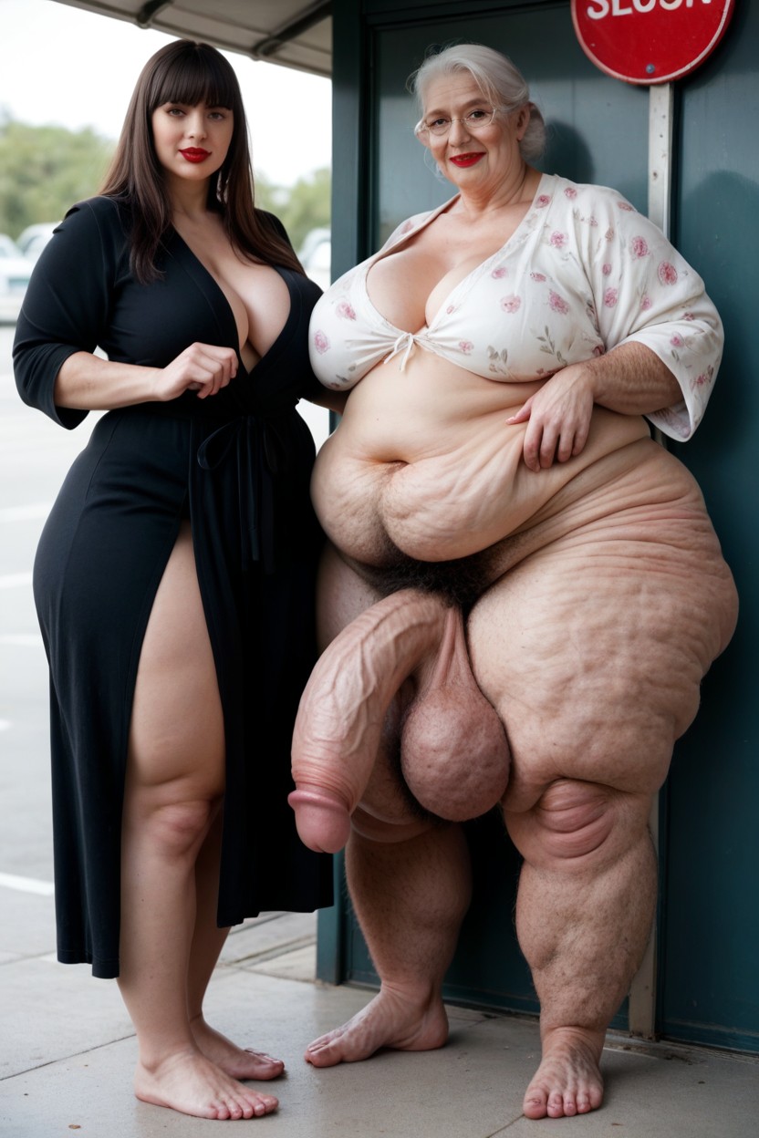 Satan Floral Robe, Standing At Bus Stop, Huge Really Hairy Saggy Balls Obese Shemale AI Porn