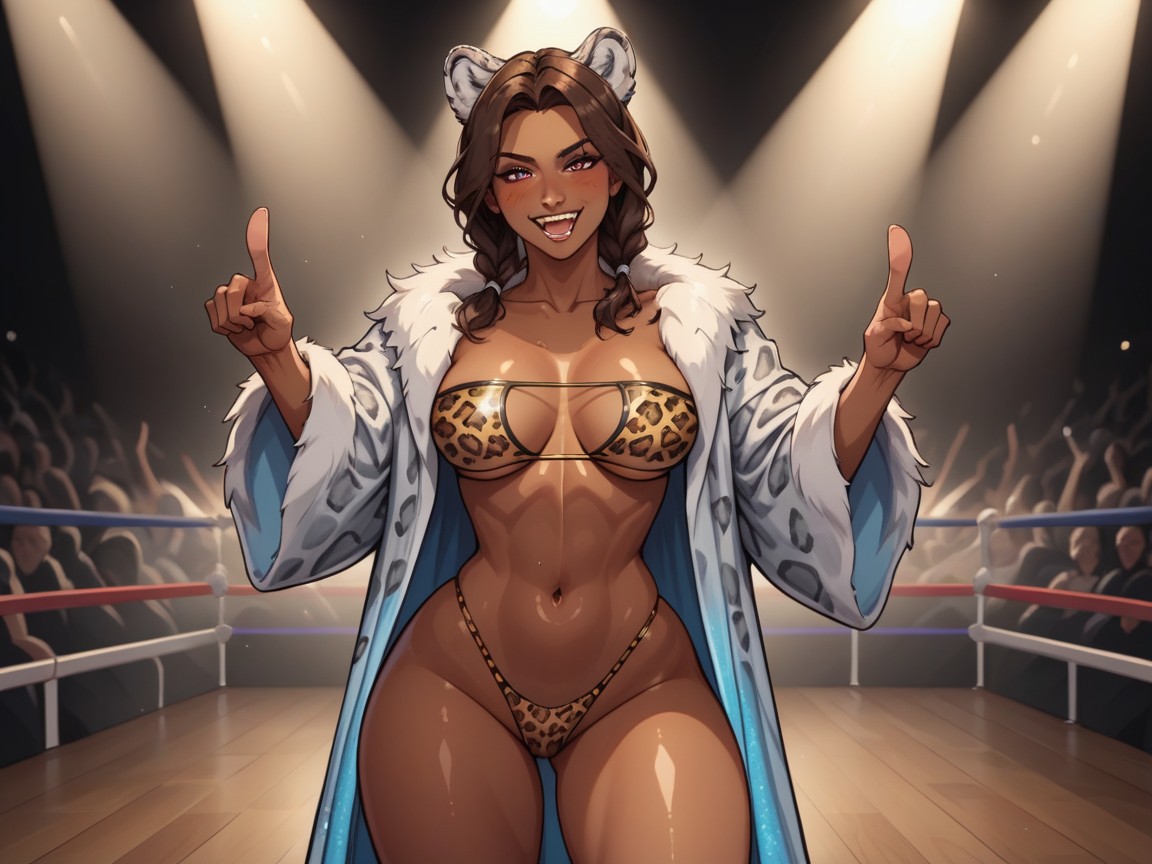 Braunes Haar, Wide Hips, Wearing Silver Leopard Print Wrestling Clothes Furry KI Porno