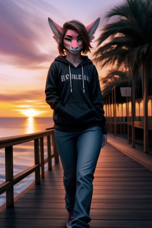 Jeans, Hoodie, Green Eyes Furry AI Porn