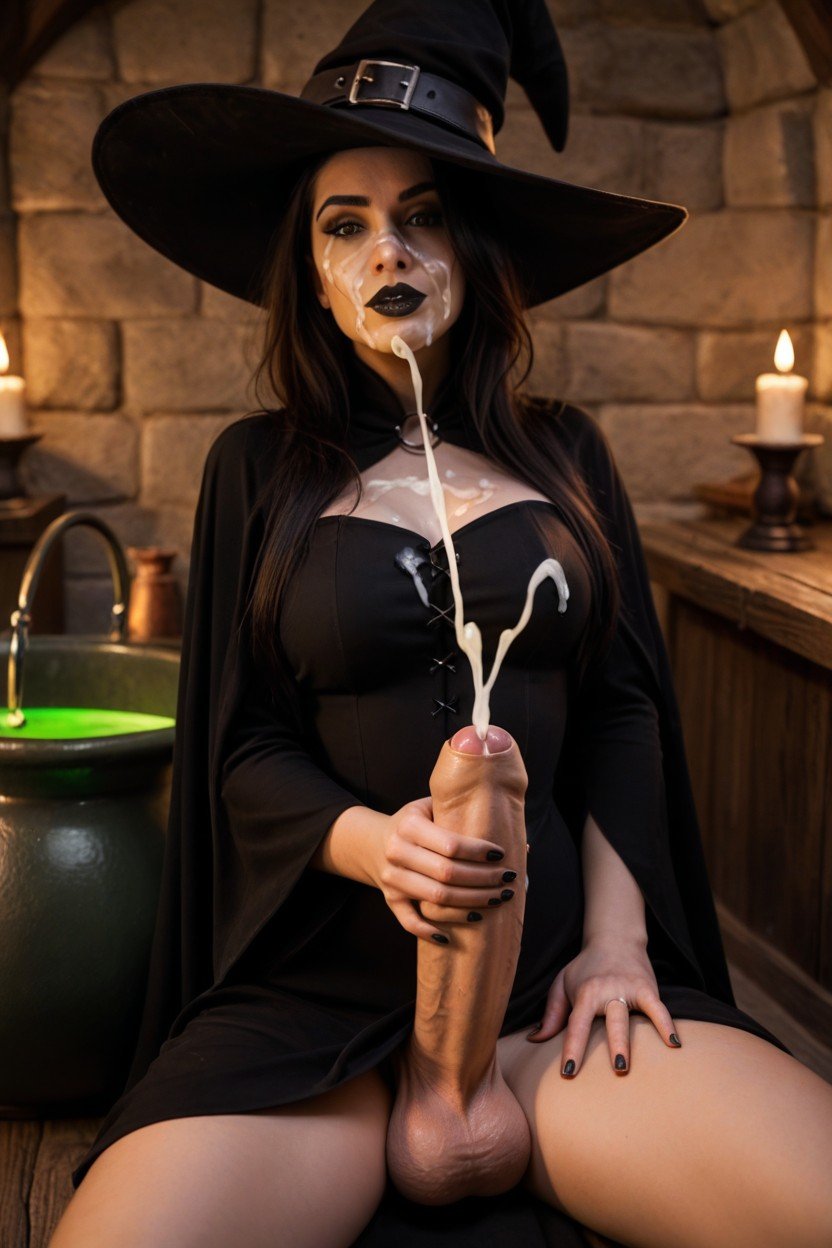 Beautiful Shemale Witch With Black Robes And Pointy Black Witch Hat She Is Masturbating And Cumming Into A Potion Cauldronejaculating Into Cauldron Big Black Cast Iron Cauldron Full Of Cumhyper Foreskin Shiny Oily Cockeyes Closedsmilingblack Lipstickgoth Makeuplong Black Hairwitch's Hut, 大きい, Shemale WitchニューハーフAIポルノ