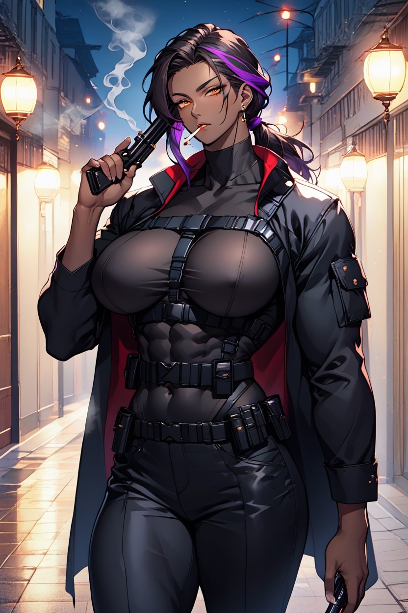 Visible Forehead, Black Tactical Belt, Mature Face Hentai AI Porn