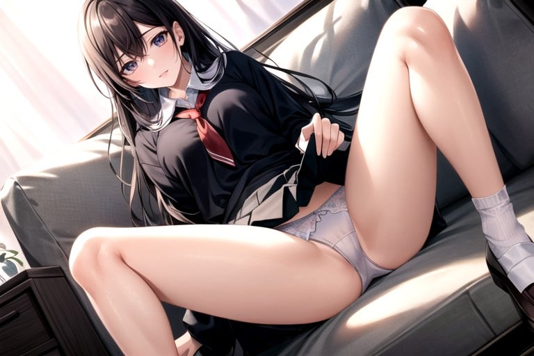 Sitting Down Legs Spread, Front View, Lifting Skirt Hentai AI Porn