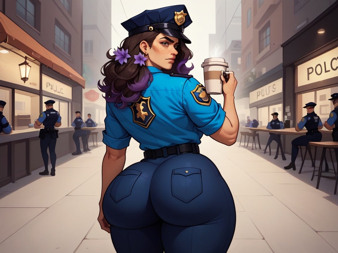 Long Ass Crack, Wide Stomach, Wearing A Purple Police Uniform AI Porn