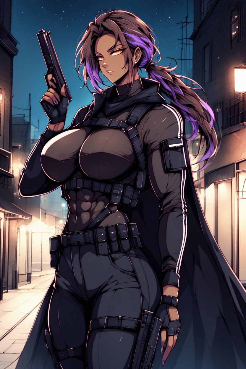 Purple Highlights, Long Body, Extremly Long Black Cape Hentai AI Porn