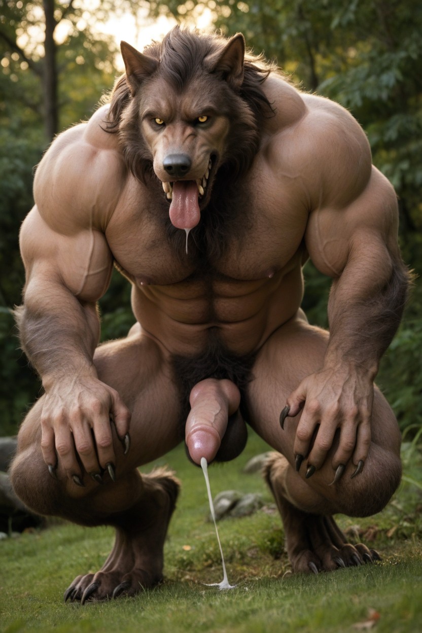 Hairy Chest And Abdominal Muscles, And Moist Human Has A Hand On The Werewolfs Penis, Hairy Scrotum AI Gay Porn