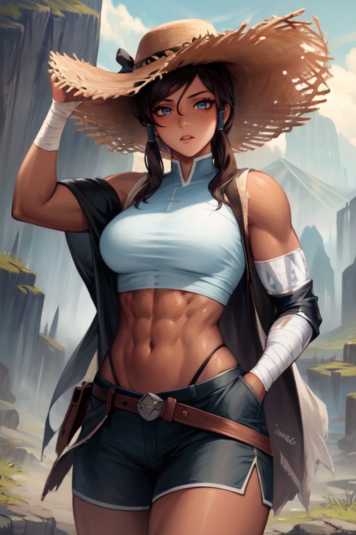 Competent Brazilian Woman, Relaxed Wild West Bounty Hunter Trekking Through A Windy Canyon Mesa, Hands In Pockets Pornografia de IA