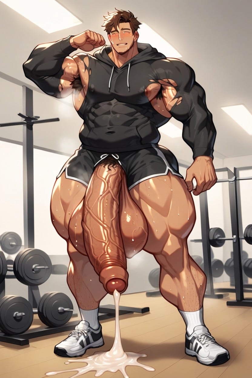 Sweaty, Baggy Black Hoodie, Huge Full Testicles AI Gay Porn