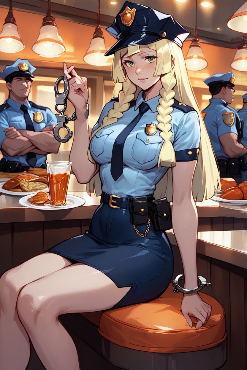 Handcuff On Waist, Mini Jupe, Costume De PolicePorno IA Hentai