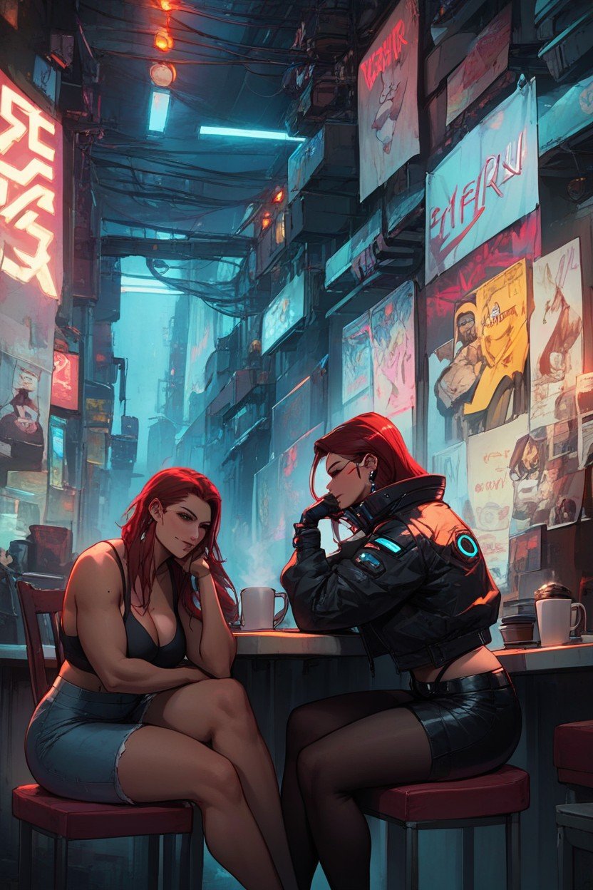 Hacker Cyberpunk, 2 Pessoas, Gordo Hentai IA pornografia