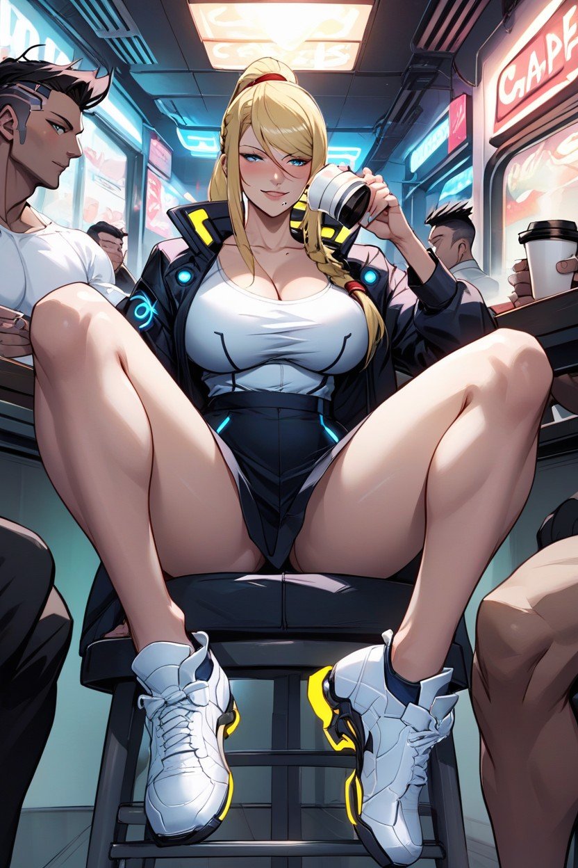 Black Man, Futuristic Cafe, Braided Hair Hentai IA pornografia