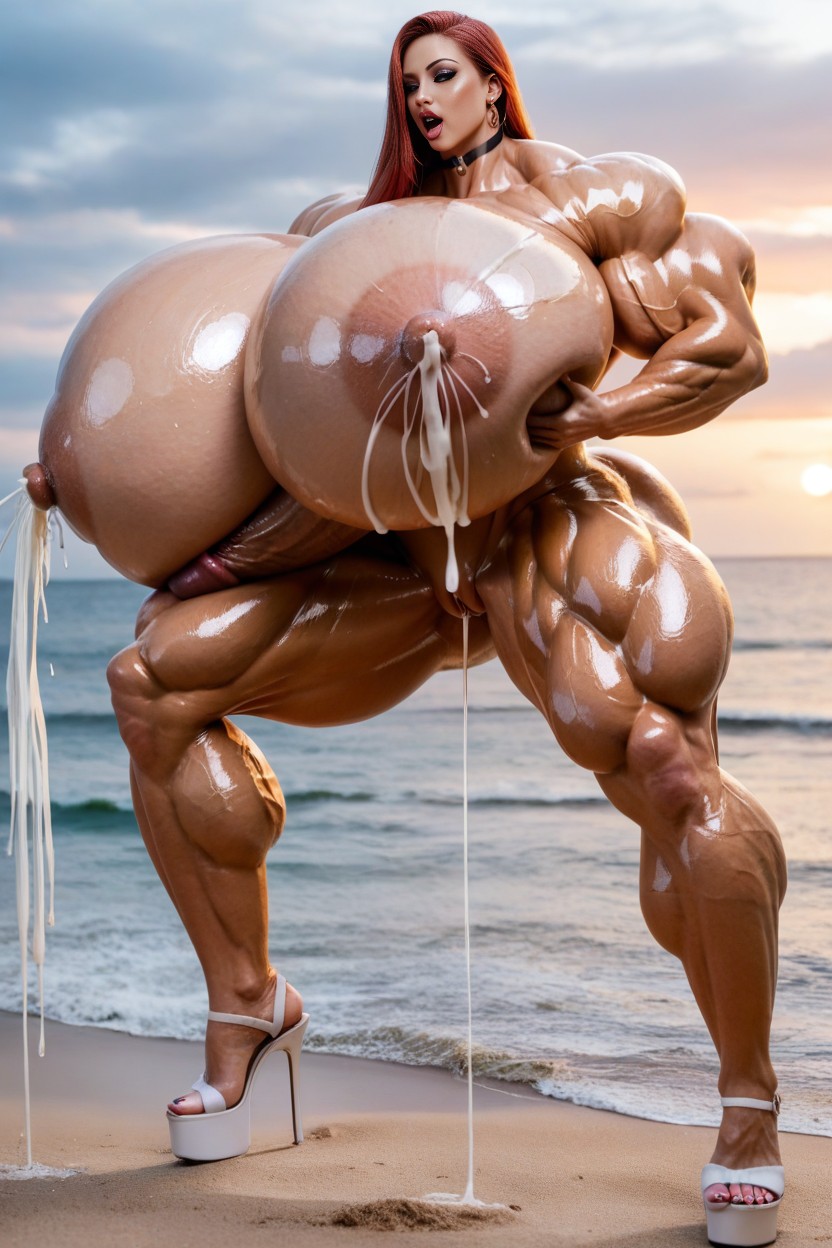 Well Massive Pump Up Gigantic Enormous Saggy Perfect Round Tits Vixen, Open Toe Stilettos, Extreme Muscle Definition And Mass AI Porn
