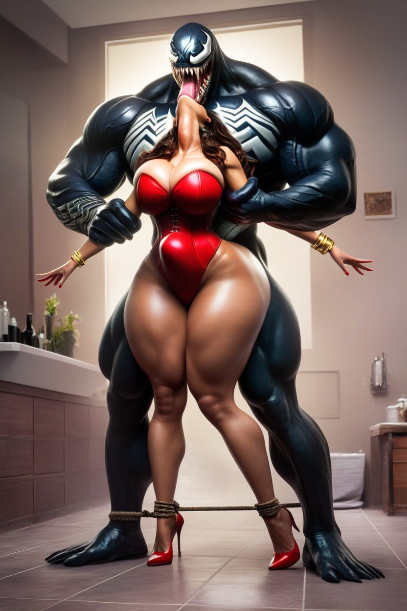 Red Corset, Arms Held Down, Overflow Of Cleavage AI Porn